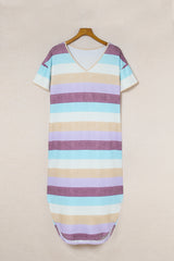 Multicolor Stripes Print Casual T Shirt Summer Dress