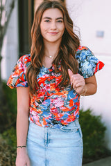 Orange Floral Print Ruched Puff Sleeve V Neck Blouse