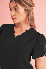 Black Scallop Trim V Neck Petal Sleeve Blouse