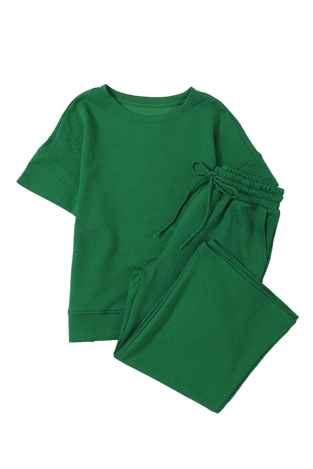 Dark Green Textured Loose Fit T Shirt and Drawstring Pants Set