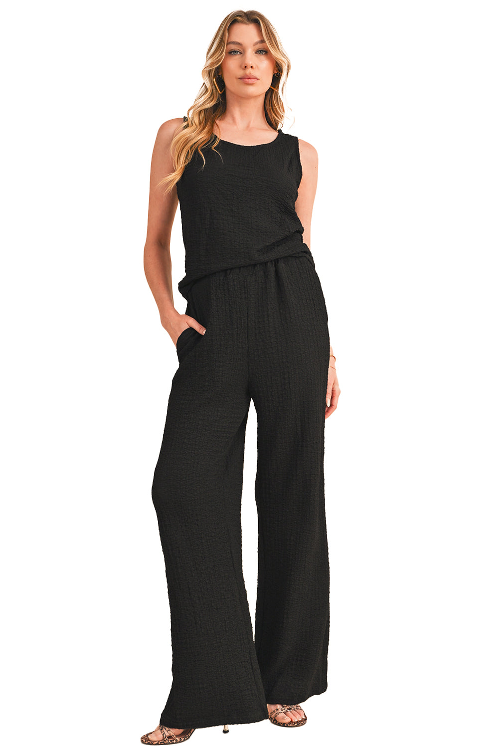 Black Crinkled U Neck Tank and Wide Leg Pants Set