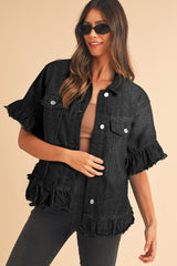 Black Raw Edge Ruffle Short Sleeve Denim Jacket