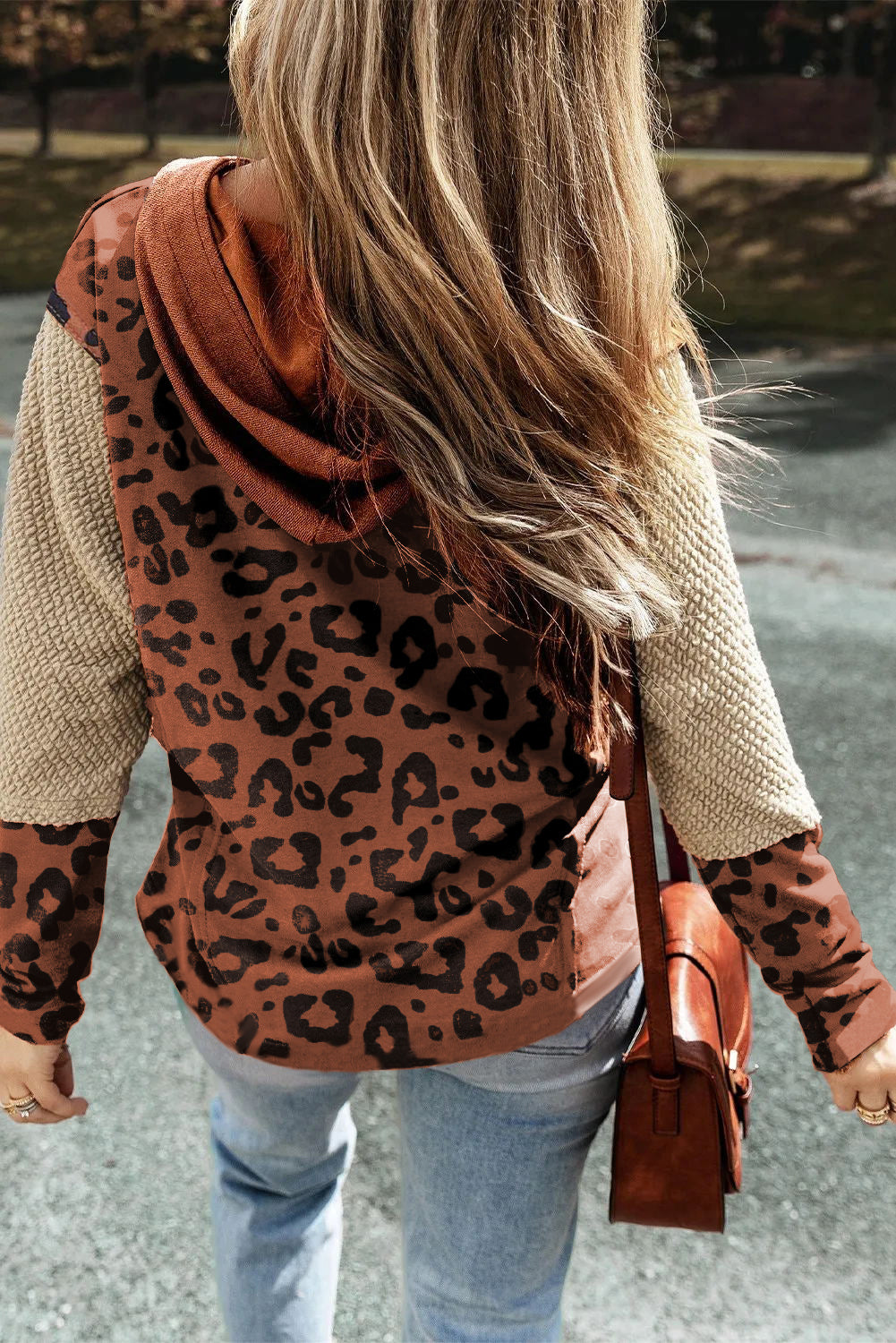 Brown Textured Patchwork Sleeve Leopard Hoodie