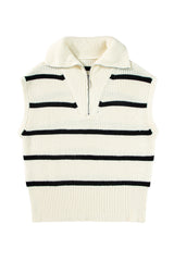 White Stripe Zipped Collar Cap Sleeve Knit Top