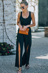 Black Casual Side Slit Mid Waist Wide Leg Pants