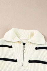 White Stripe Zipped Collar Cap Sleeve Knit Top