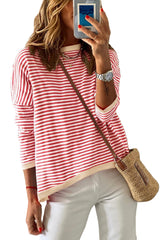 Fiery Red Striped Colorblock Trim Knit Pullover Sweater