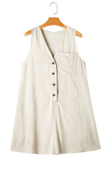 Beige V Neck Buttoned Front Chest Pocket Sleeveless Romper