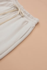 Beige Plain Long Sleeve Top & Drawstring Pants Two Piece Pants Set