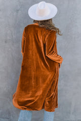 Brown Casual Velvet Lapel Pocket Long Coat