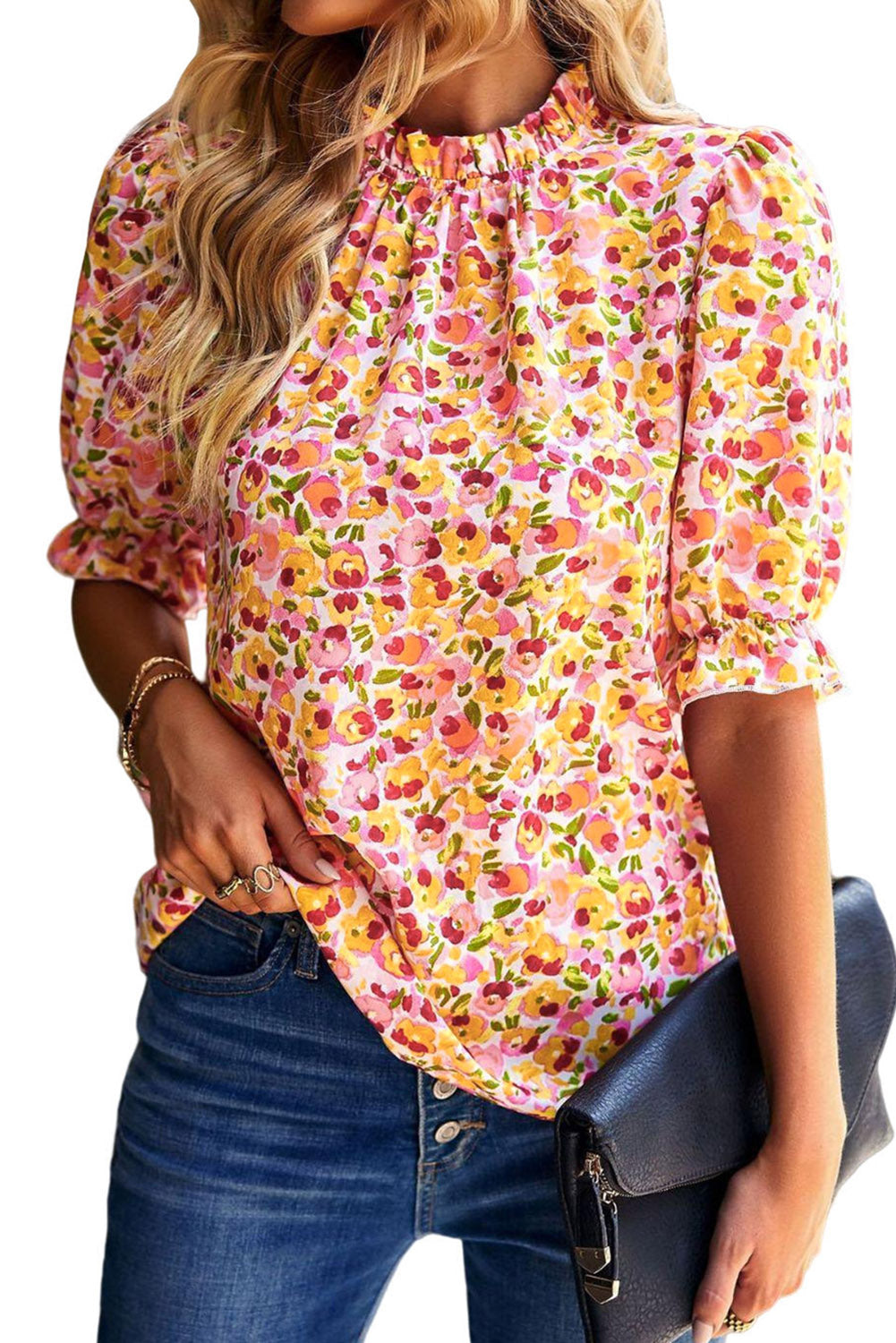 Orange Floral Boho Frill Mock Neck Blouse