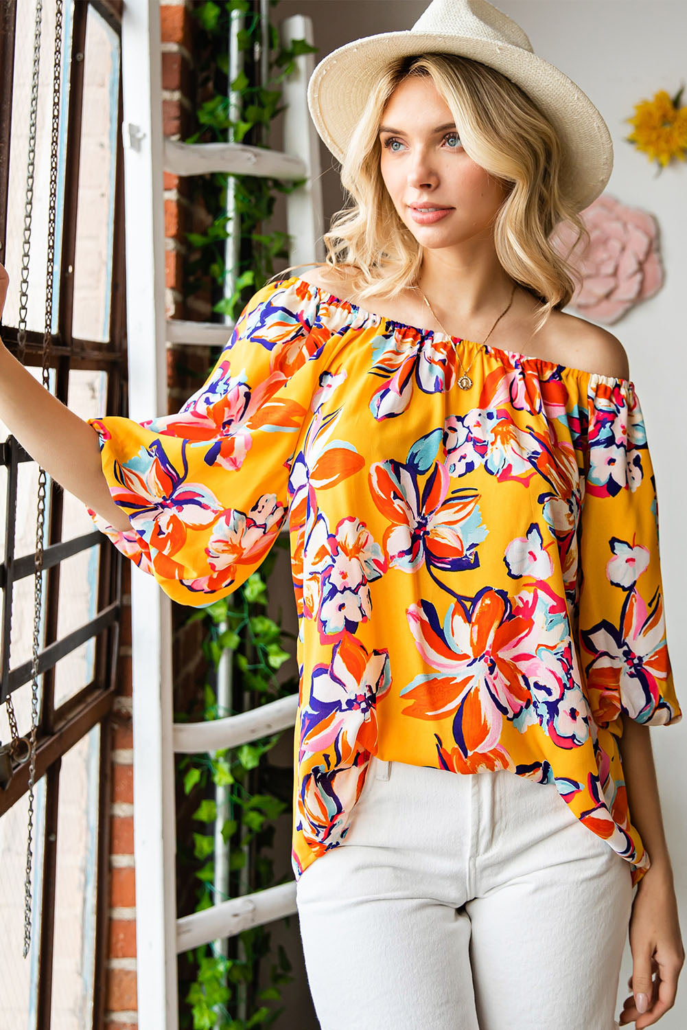 Yellow Floral Print Boho Half Sleeve Bishop Sleeve Blouse