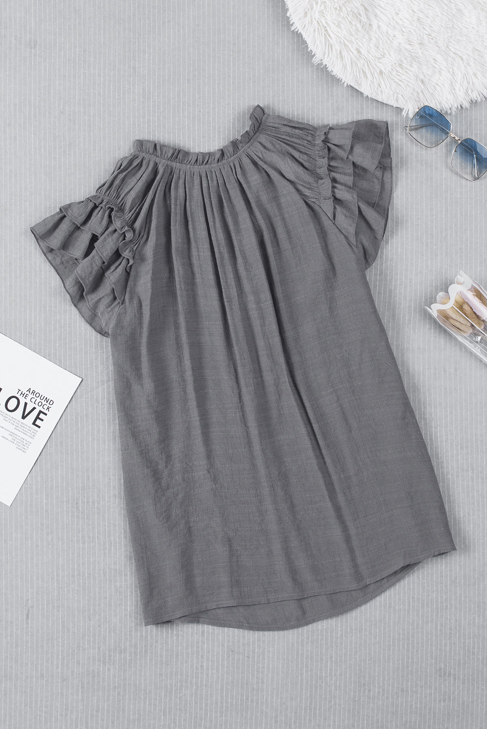 Gray V Neck Tiered Ruffle Sleeve Summer Top