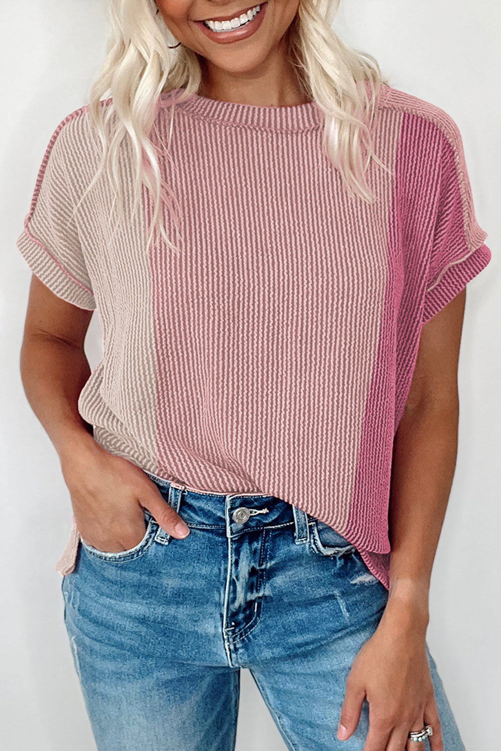 Pink Textured Colorblock Round Neck T Shirt