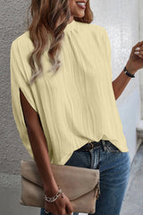 White Textured Batwing Sleeve Mock Neck Blouse