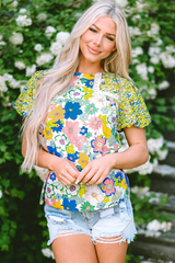 Green Bubble Sleeve Lace Trim Mixed Floral Blouse