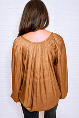 Camel V Neck Pleated Lantern Sleeve Blouse