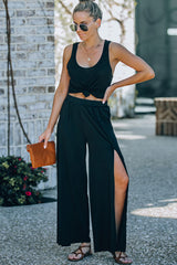 Black Casual Side Slit Mid Waist Wide Leg Pants