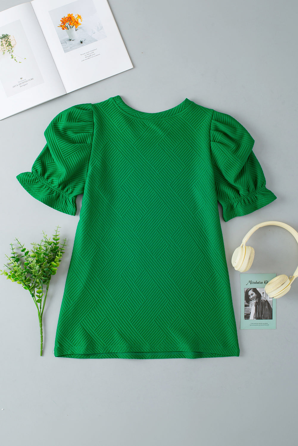 Dark Green Ruffle Puff Sleeve Textured Plain Top