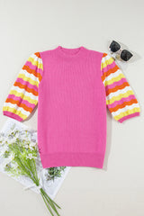 Pink Ribbed Knit Contrast Short Sleeve Mock Neck Sweater