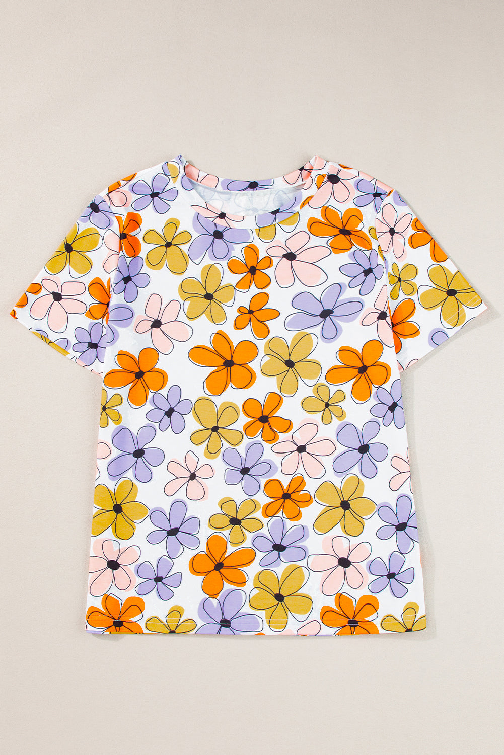 Orange 60s Vintage Flower Print Round Neck T Shirt