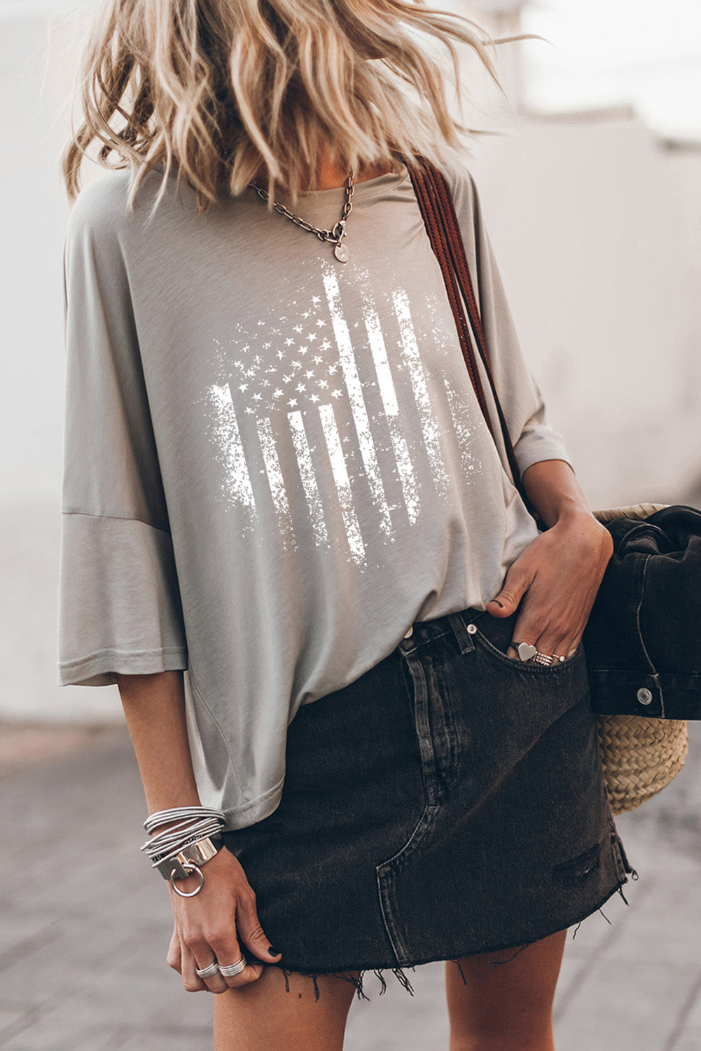 Gray American Flag Graphic Loose Fit 3/4 Sleeve Tee