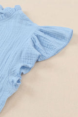 Light Blue Crinkled Ruffle Casual Short Sleeve Blouse