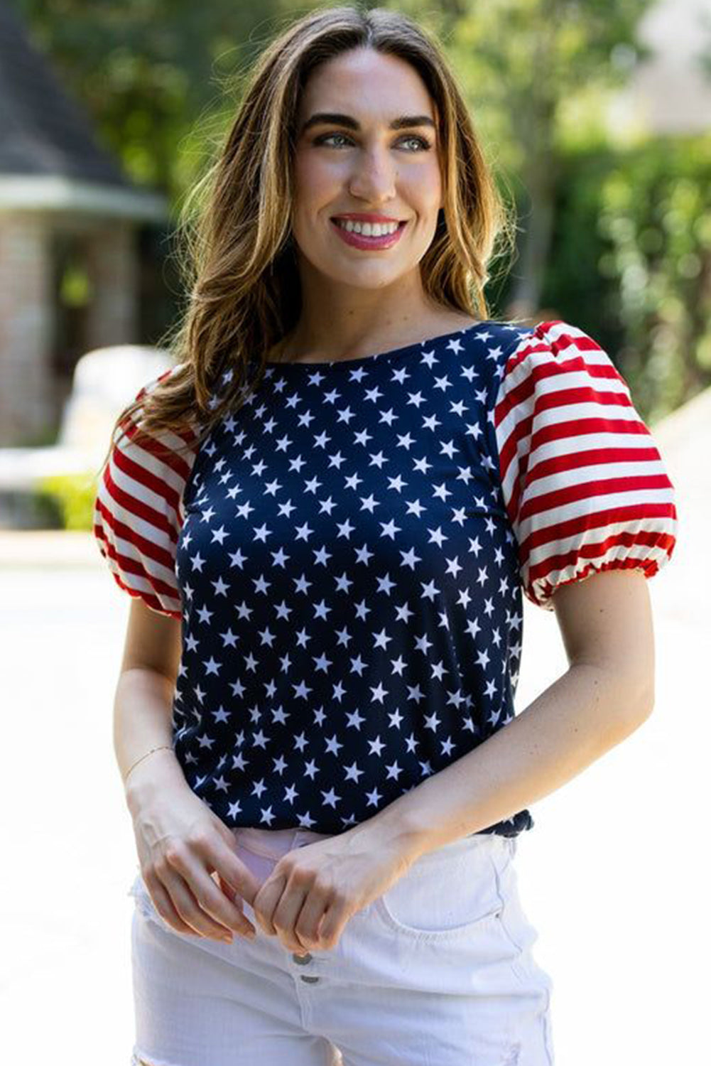 Navy Blue 4th Of July Stars & Striped Print T Shirt