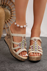 Beige Woven Straps Beads Wedge Slides Shoes