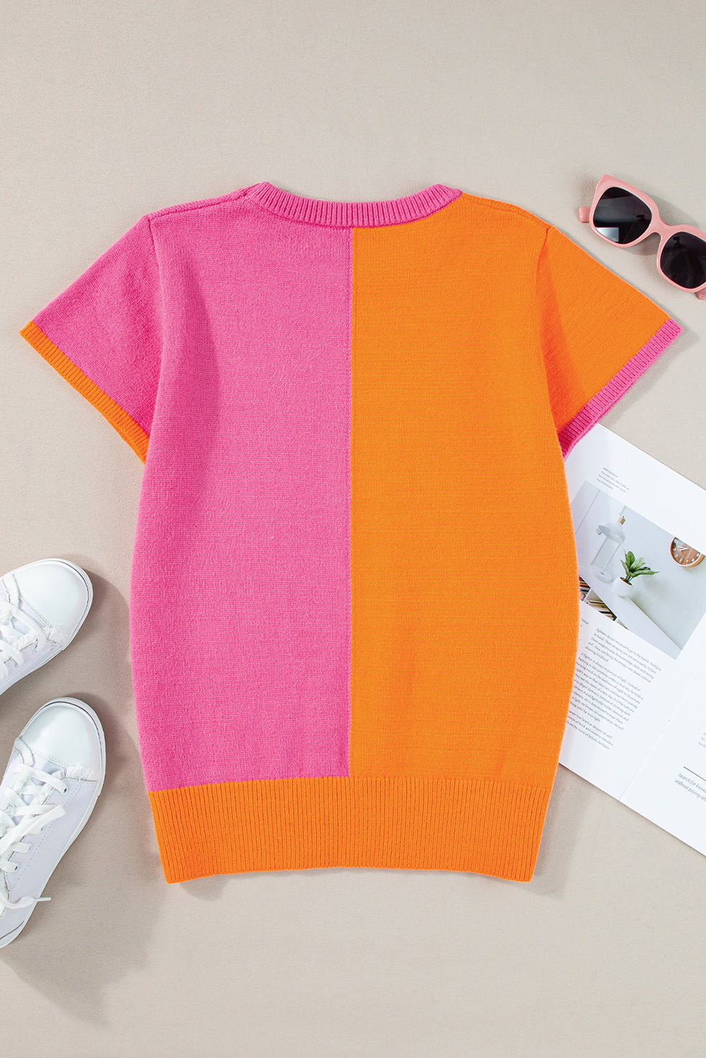 Flamingo Color Block Knit Cap Sleeve Top