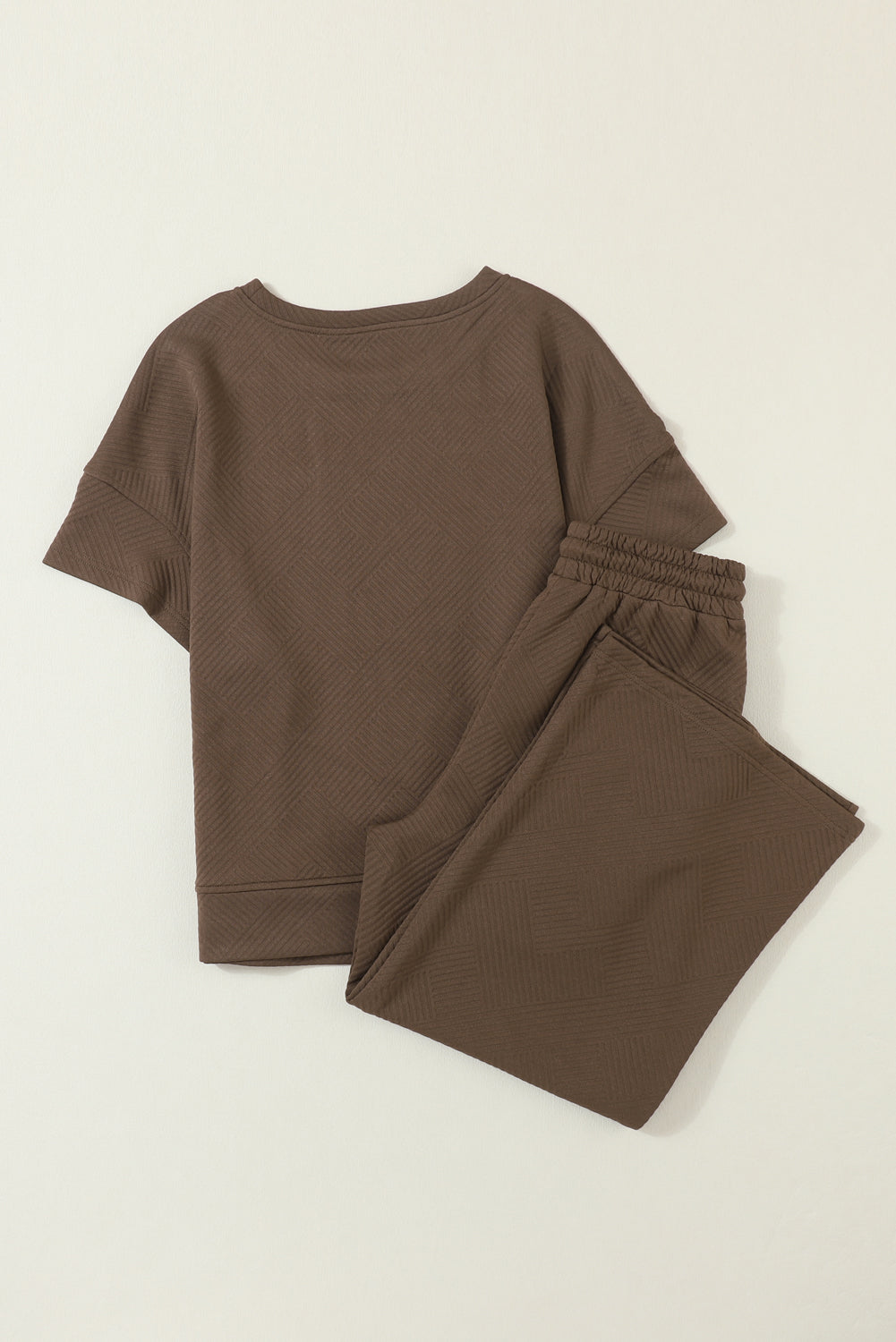 Brown Textured Loose Fit T Shirt and Drawstring Pants Set