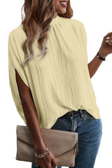 White Textured Batwing Sleeve Mock Neck Blouse