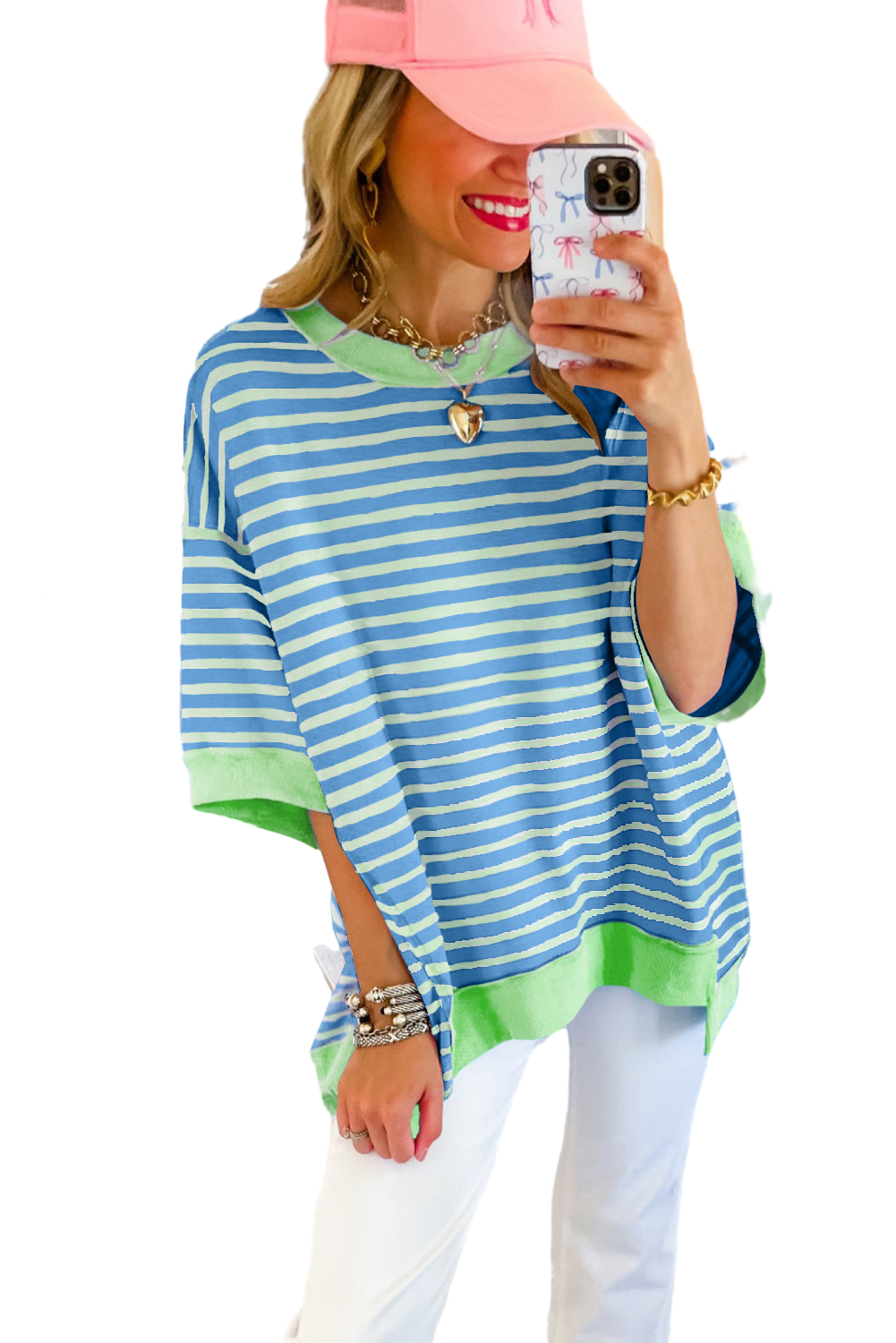 Sky Blue Stripe Contrast Drop Sleeve Loose Top