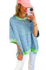 Sky Blue Stripe Contrast Drop Sleeve Loose Top