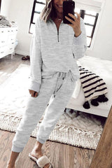 Gray Solid Color Half Zipped Top and Drawstring Pants Loungewear Set