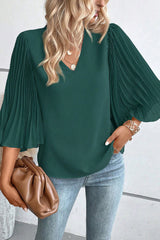 Green Pleated Batwing Sleeve V Neck Blouse