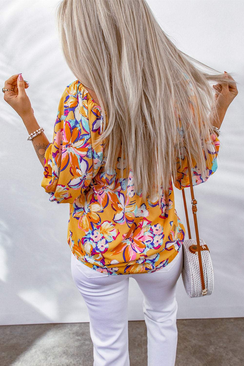 Yellow Floral Print Boho Half Sleeve Bishop Sleeve Blouse