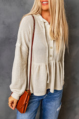 Apricot Waffle Casual Button Ruffle Knit Hoodie