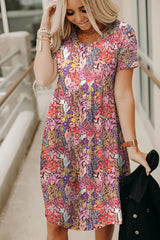 Multicolor Foral Print Short Sleeve A-line High Waist Dress