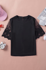 Black Sheer Flower Lace Short Sleeve Summer Top