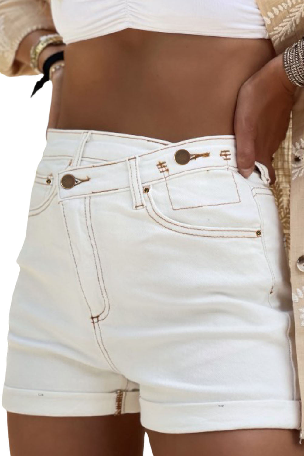 White Asymmetric High Waist Pocketed Denim Shorts