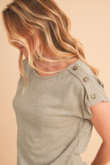 Smoke Gray Solid Color Button Decor Batwing Sleeve Tee