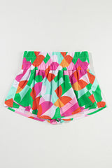 Green Abstract Print Smocked Waist Flared Shorts