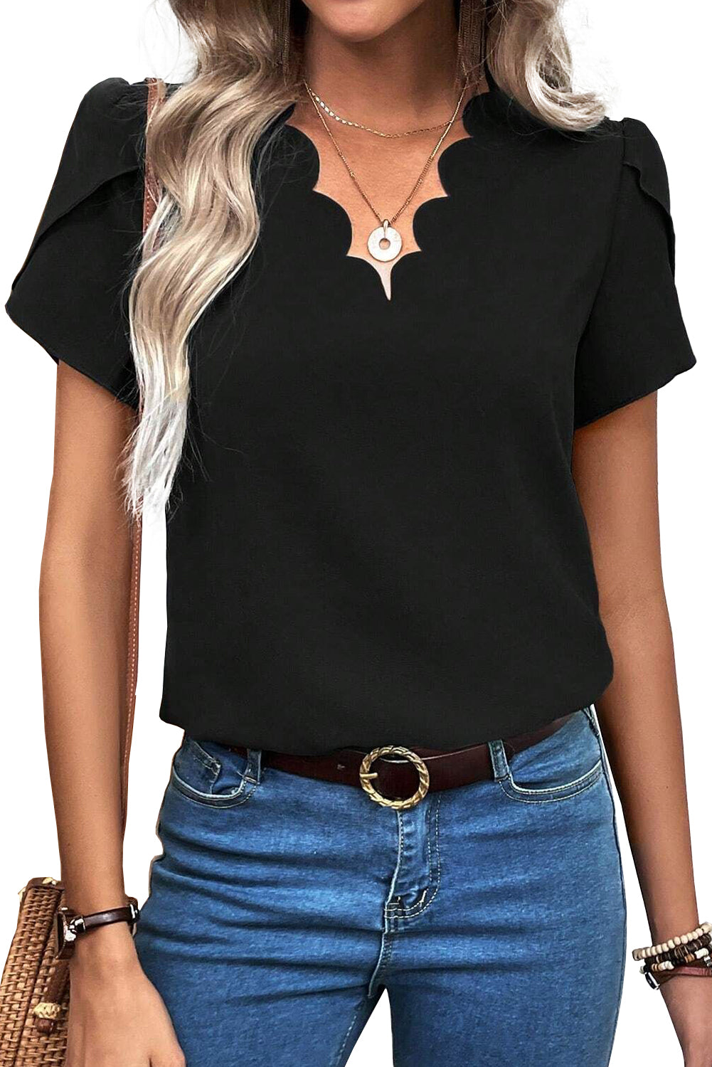 Black Scallop Trim V Neck Petal Sleeve Blouse