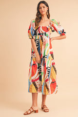 White Square Neck Smocked Abstract Print Boho Maxi Dress