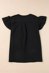 Black Solid Color V Neck Ruffle Short Sleeve Blouse