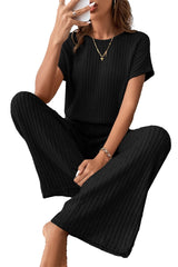 Black Solid Color Ribbed Short Sleeve Wide Leg Jumpsuit