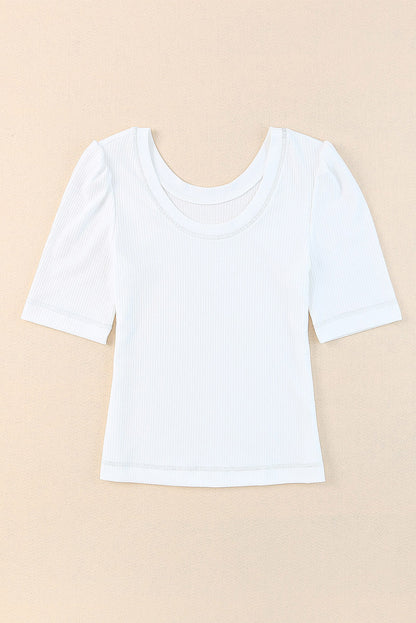 White Ribbed Knit Scoop Neck Half Sleeve Basic T Shirt