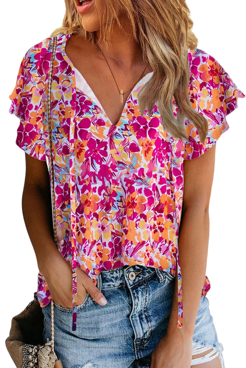 Red Floral Print Flutter Sleeves Short Sleeve Blouse