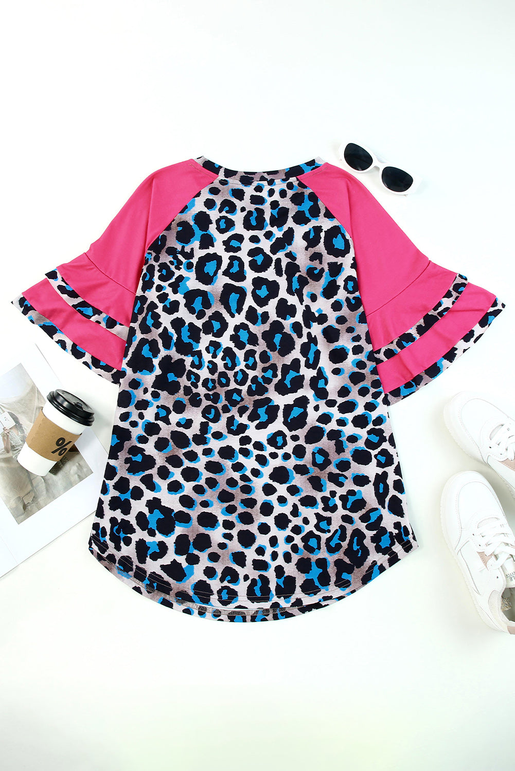 Rose Leopard Print Layered Ruffle Sleeves Tunic T Shirt